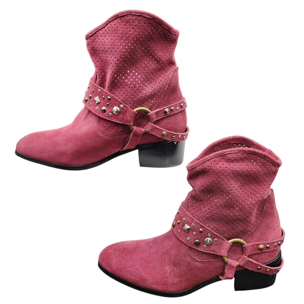 Twiggy London Studded Harness Ankle Boot Burgundy Women 8.5M Suede Western Biker